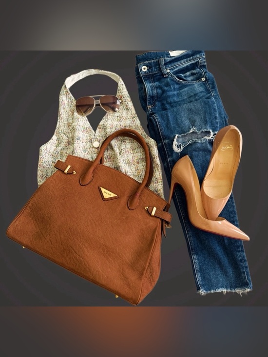 Anne Klein Handbags - Anne Klein Brown Suede Tote Bag with Gold Trim - Classic Everyday